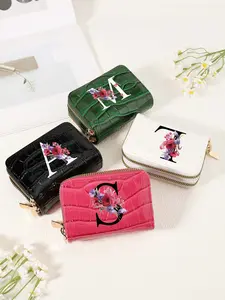 Women's Fashionable Floral Pattern Initial Letter Design Card Holder, Casual Versatile Double Zipper Credit Card Holder Bag, Trendy Multi Card Slots Coin Purse, Credit Card Organizer