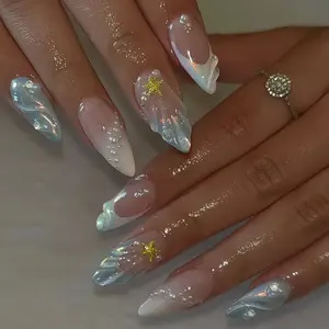 24 Pcs 3D Blue Ocean Wave Almond Nails, Shell & Star Design, Nail Art, Pearl Decor, Glittering Fake Nails, Glossy Gel False Nails, Reusable, Free Jelly Glue & File