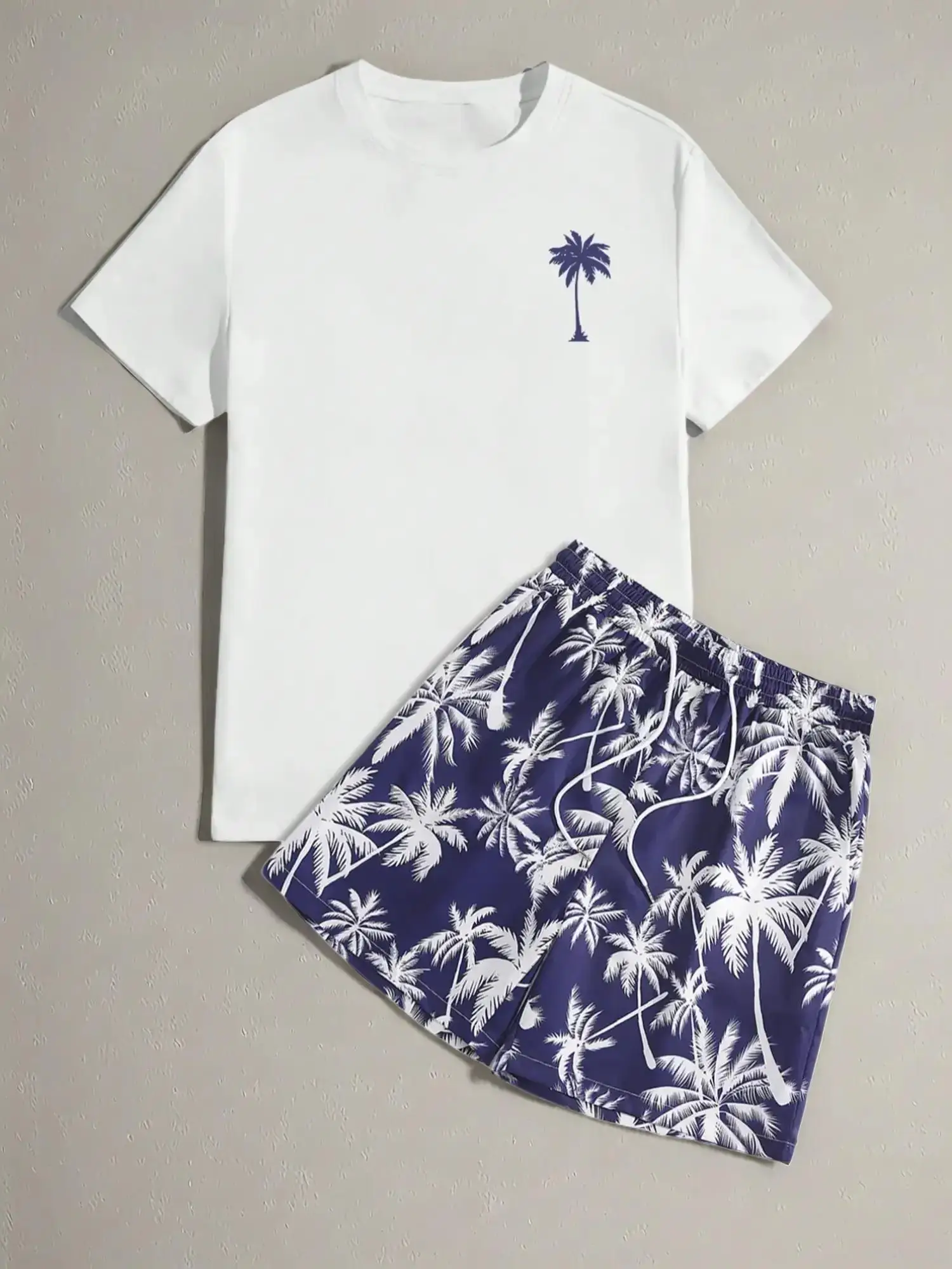 Men's Regular Fit Letter Print Shortsleeve Tee & Tropical Print Shorts Set, Casual Short Sleeve T-shirt & Drawstring Waist Shorts, Summer Clothes Set