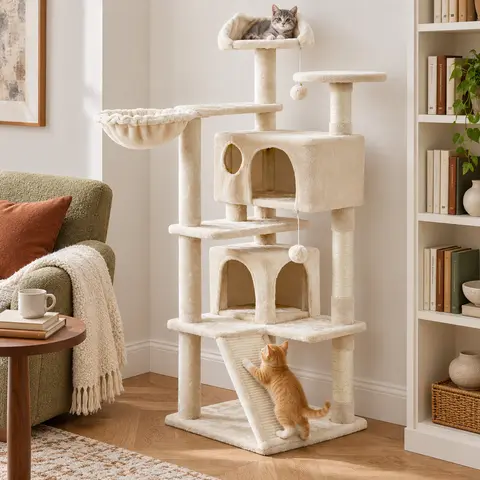 Costoffs 57in Modern Plush Cat Tree - 3-Tier 57" Climb Tower with Antitip Stability, Cozy Kitten Condo, Double Condos, Scratching Posts, Platform, Climbing Frame Bed, Dangling Ball Swat for Indoor Cats, Pet Furniture for Play & Rest, Modern Home Decor