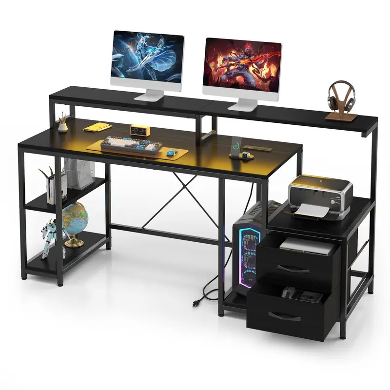 Garvee Black Computer Desk 63" with File Drawer, Gaming Desk with Led Light & Power Outlets, Home Office Desk with Printer Space, Storage Shelves & Monitor Stand, Ideal for Work Game Study