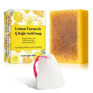 ikzee Lactic Acid, Turmeric, and Lemon Soap, comes with a lathering net, produces a rich lather, enriched with lactic acid and turmeric to cleanse and brighten the skin, removes excess oil and impurities, handmade soap, Turmeric Brightening Soap
