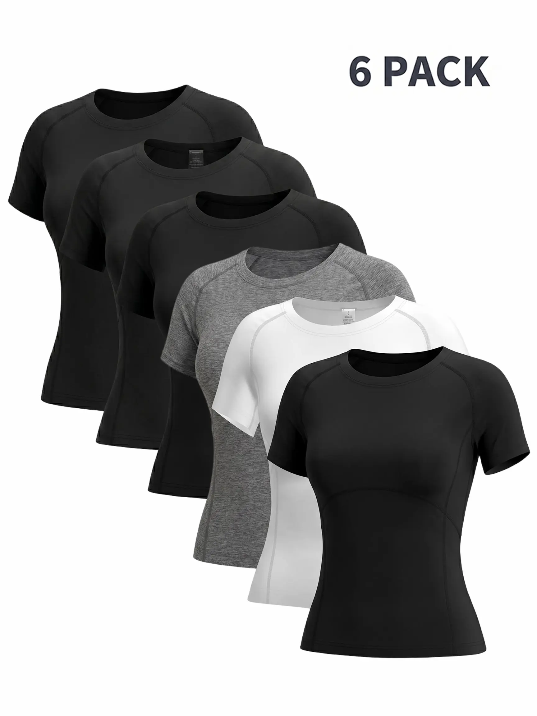 Women's 6-Pack Short Sleeve Compression Workout Shirts, Tightly Fitted Sporty Chic Females' Athletic Baselayer Undershirts for Yoga Gym, Black White Grey, Workout Sets Women