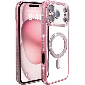 Magnetic Glitter Phone Cases for iPhone 17 Pro Max 16 15 14 13 12 Pro Max Plus Case [Military Grade Protection] Luxury Bling Rhinestone Compatible with MagSafe, Camera Lens Protector, Slim Clear for Women Girls(pink, for iPhone17Pro Max)