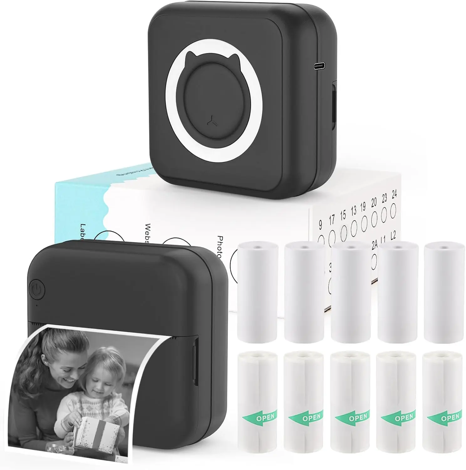Mini Sticker Printer - Mini Pocket Printer for  Thermal Printer with 10 Rolls Thermal Paper for Journal, Memo, Photo, Black