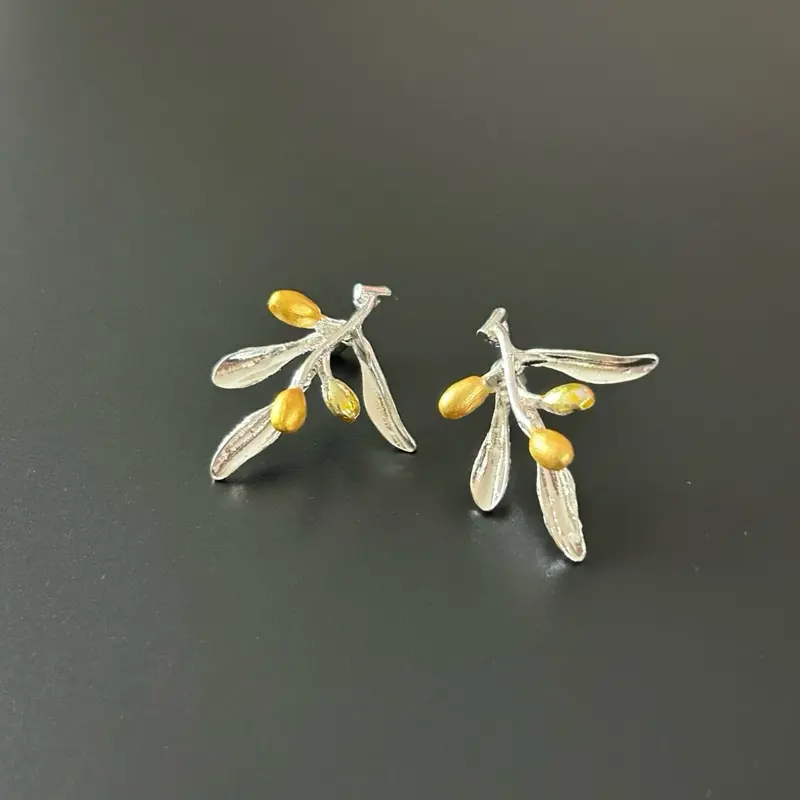 Olive Branch Earrings - Palestine-Inspired with Gold Accents and Silver Branch Design Olive Branch Earrings - Palestine-Inspired with Gold Accents and Silver Branch Design