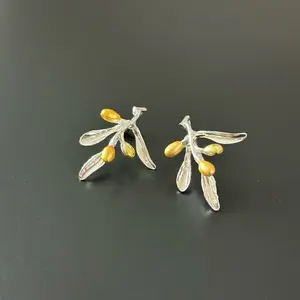 Olive Branch Earrings - Palestine-Inspired with Gold Accents and Silver Branch Design