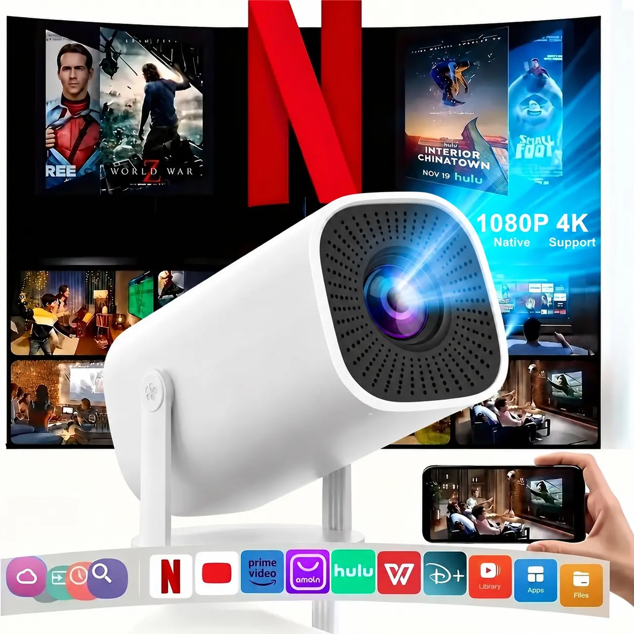 Wireless Portable Projector, 350ANSI Lumens, Full HD Screen, 4K Decode, Low Latency, 180° Rotatable Auto Keystone, Built-in Speaker, Ideal for PS5/Xbox Gaming, Portable Gift for Projection Enthusiasts, Wireless Projector