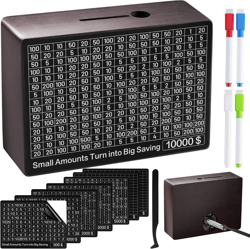 Money Saving Box, Piggy Bank Savings Challenge Box with 8 Goals for Adults & Kids, Wooden Money Savings Box Money Bank for Coin & Cash Vault, Money Saver, Alcancias De Dinero, Caja De Ahorro Ornaments Gift Decor Gift Decor