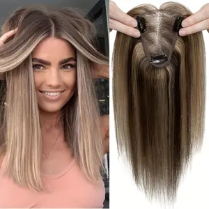 2025 Hot Wholesale 3.15x3.94inch Lace Base Clip-In Human Hair Topper for Women with Thinning Hair - Real Human Hair No Bangs Highlight Blonde Straight Hairpiece, Hand-Tied Lightweight Breathable Lace & 3 Non-Slip Clips for Volume & Coverage