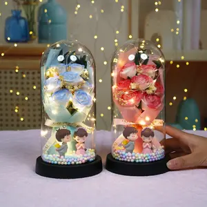 Preserved Rose & Baby's Breath Flower Bouquet in Glass Cloche - LED Light-Up Dome Decor with Couple Figurine, Perfect Birthday & Valentine’s Day Gift for Girlfriend