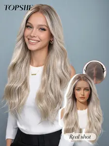 Topshe 24-Inch Long Wavy Wig, Synthetic Wavy Wig, Transparent Lace Front, Gold Highlights, Heat Resistant, Perfect Gift for All Seasons