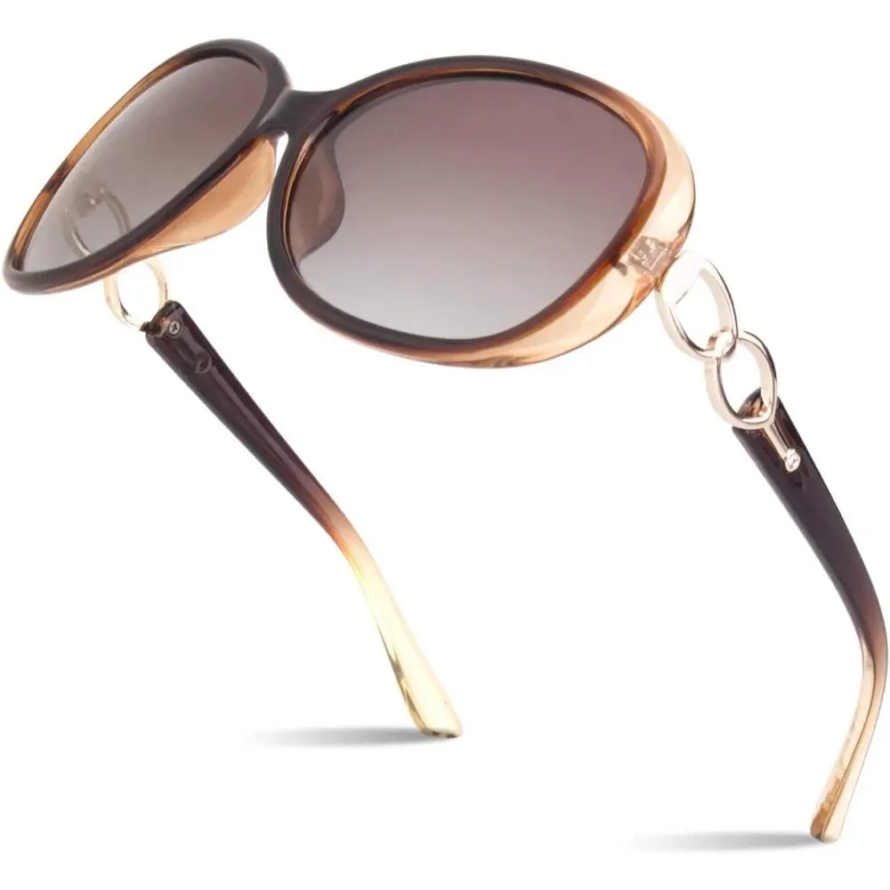 Women's Retro Oversized Polarized Metal Sunglasses for Female Shopping, Driving, Traveling - Shatterproof UV400 Resin Lenses, Blocks 99.99% UVA/UVB/UVC Rays, Includes Cleaning Cloth (Sports & Outdoor Gear)