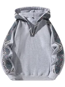 Men's stylish ethnic hoodie, regular fit, color block design, street style, half zipper design, can be given as a gift to husband or boyfriend