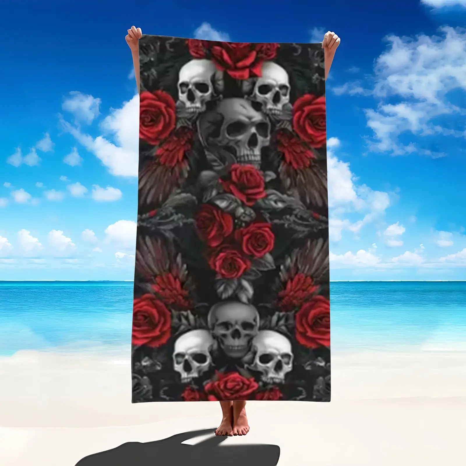 Skull Head & Rose Beach Towel, Absorbent Towel, Anti-Wrinkle, Quick Dry, Quick Drying Towels, Ideal for Beach, Gym, Camping, Car Tailgate Parties