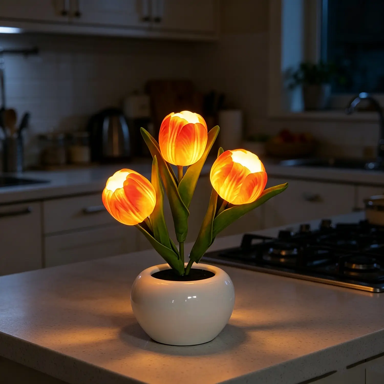 3-Head LED Orange Tulip Night Light - Battery-Operated Indoor Mood Lighting with Ceramic Pot, Plastic Fake Flowers Decor, Warm Ambient Glow, Home Decoration Bedside Lamp, Cozy Gift for Mom, Indoor Lighting
