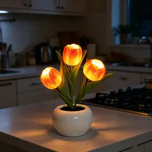 Orange Tulip Night Light with Ceramic Pot, 3-Head LED Artificial Flower Lamp Battery Operated, Warm Aesthetic Bedside Decor, Lifelike Faux Plant Mood Light, Vibrant Cozy Gift for Women Friends Mom