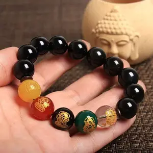 14mm Rotatable Amulet Obsidian Bracelet, Taoist Five Paths of Wealth Talisman for Abundance & Protection