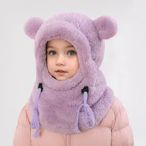 Kids Winter Cute Ear Warm Balaclava with Hood - Lightweight Windproof Face Mask for Outdoor Skiing & Cycling, Thickened Polyester, Adjustable Drawstring, Machine Washable, White with Black Accents