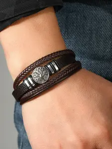 Men's Vintage Life Tree Braided Faux Leather Bracelet, Stackable Bracelets, Multi-Layer Design, Detailed Craftsmanship, Sparkling Beads & Metal Elements, Ideal Gift Choice