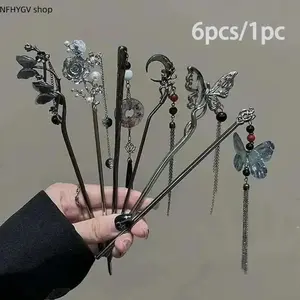 Hair Sticks, Womens 6Pcs Vintage Chinese Style Hairpin Set, Metal Pieces with Butterfly, Floral and Tassel Details, Elegant Accessories for Hanfu and Daily Wear