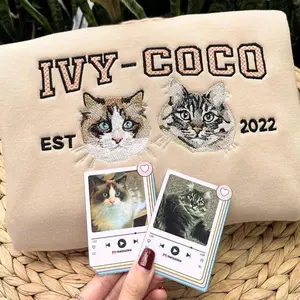 Custom 2-Pet Portrait Embroidered Sweatshirt: Dog & Cat Memorial Gift