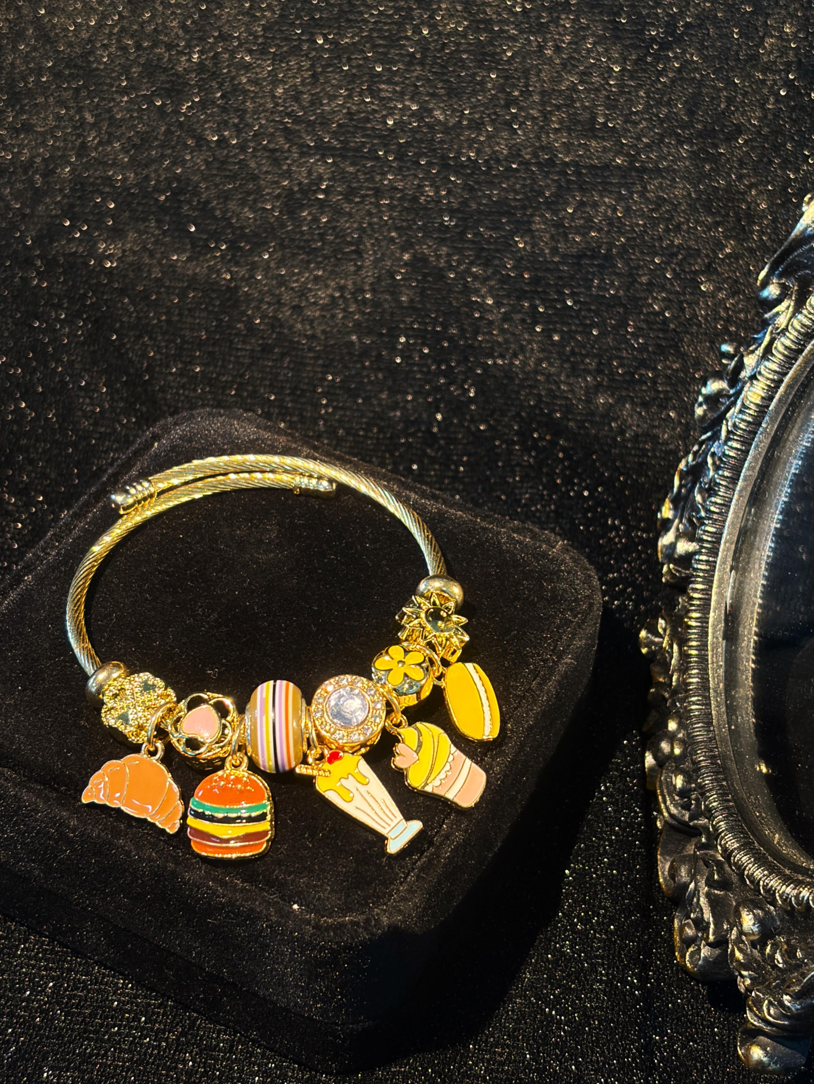 Women's Gold-Tone Open Cuff Bangle with Cute Food Pendant, Adjustable Stackable Costume Jewelry for Gifting