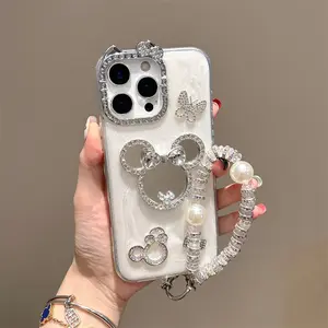 Sparkling Diamond Cat-Ear Mirror Case For iPhone 17 16 15 14 13 12 Pro Max  Rhinestone Bow Mickey Mouse Design, Luxurious Touch, Touch-Up Mirror, Trendy Brand for Women