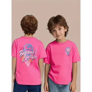 Kids' Baseball Lifestyle Graphic T-Shirt with Ice Cream Logo - 100% 180gsm Breathable Summer Tee, Loose Fit Casual Sporty Top for Boys & Girls, Machine Washable Youth Shirt for Little League & Casual Attire, Knit, For Teenager