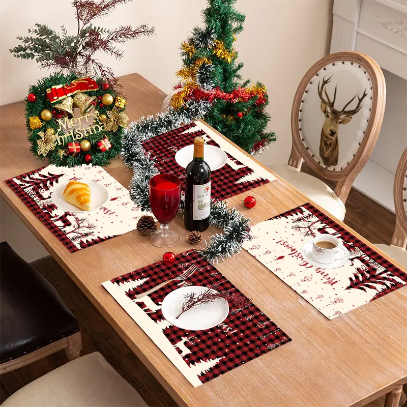 Clearance 4pcs Christmas Placemat, Xmas Red Black Buffalo Plaid Linen Washable Table Mat for Christmas Gift Home Party Kitchen Dining Holiday Decor 11x17In