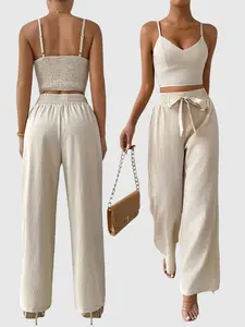 Women's Solid Crop Cami Top & Wide Leg Pants Two-piece Set, Casual Comfy Two Piece Outfits for Daily Wear, Ladies Clothes for All Seasons, Womenswear