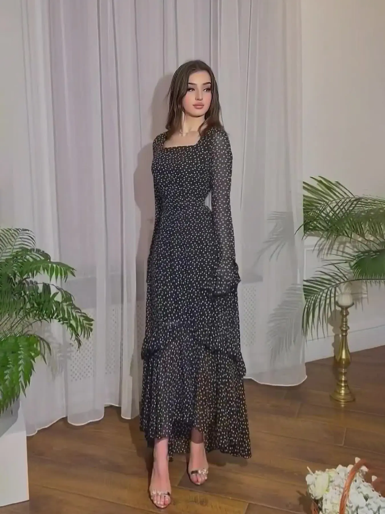 Chiffon Polka Dot Maxi Dress with Flounce Sleeve - Elegant Asymmetrical Paneled Dress for Women, Casual Dresses, Casual Style Suitable for Daily Wear and Special Occasions
