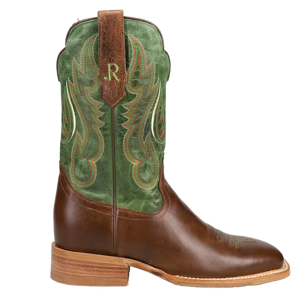 R. Watson Boots Mens Vintage Green Embroidered Wide Square Toe  Casual Boots Mid Calf - Brown
