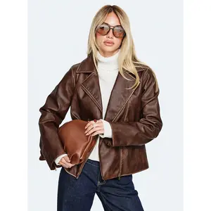 Vyolette Faux Leather Collared Jacket Washed Brown