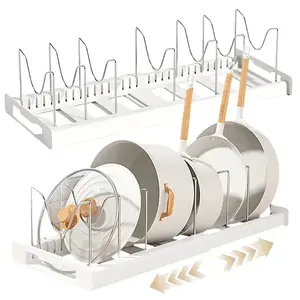 Pot Lid and Pan Organizer Rack for Cabinet, Expandable Holder with 7 Rust Resistant Stainless Steel Dividers, Vertical Storage for Frying Pans, Lids, Cutting Boards, Bakeware, Kitchen Cabinet Countertop Organizer (White/Grey)
