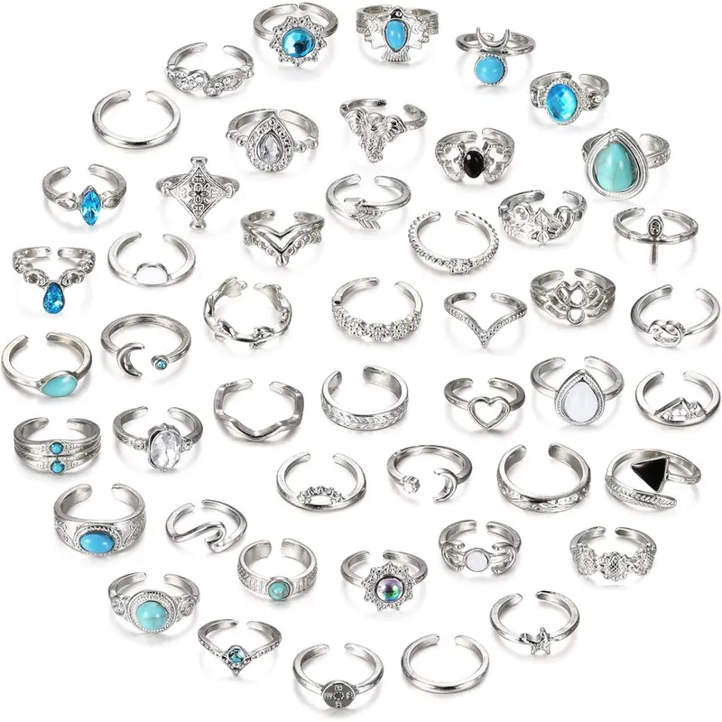 48Pcs Open Toe Rings Set for Women Men Adjustable Vintage Retro Knuckle Ring Bohemian Toe Finger Tail Ring Summer Beach Foot Jewelry Body Jewelry Accessory 14K Gold Plated Toe Ring Body Jewellery