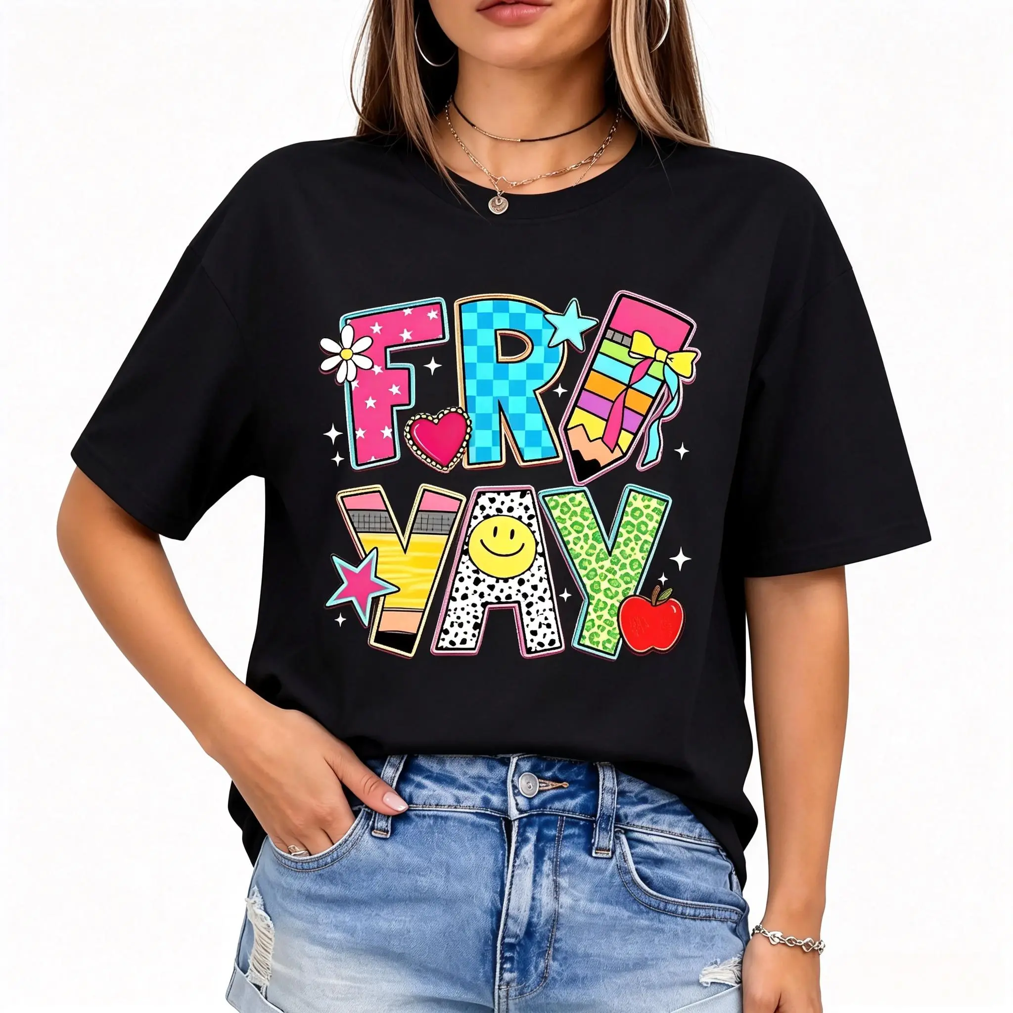 Fri Yay Teacher T-Shirt with Colorful School Doodle Graphic, Friday Classroom Tee for Teachers, Aides, Educators, Back to School Spirit Outfit with Pencil Apple Smiley Star Design