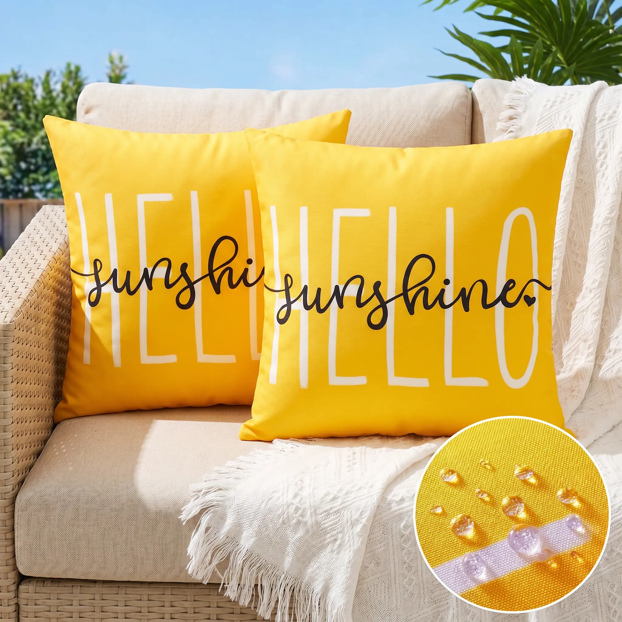 Outdoor Pillow Covers, 18x18 in Set of 2, Hello Sunshine Yellow Decor, Waterproof Cushion Covers for Patio Furniture, Garden Sofa Couch