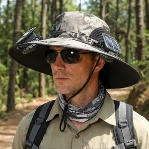 Solar Fan Hat, Wide Brim Sun Hat with 2 Solar Fan, Hat with Solar Fans Built in, Fishing Hat with Fan for Men, Waterproof Outdoor Hiking Camping Fishing Hat Grey