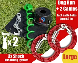 Tangle-free Dog Tie Out Stake and Two Cables with Spring - Large Dogs - Up to 60lbs