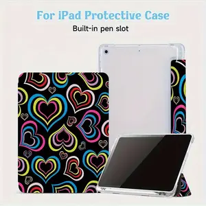 Colorful Heart Pattern iPad Case, Auto Sleep/Wake Stylus Slot, Scratch/Shock/Impact Resistant Slim Design, Compatible with iPad A16/11th/10th Gen/Air 4-7/Mini 6/Pro 11/9.7/10.5/13 & Samsung Galaxy Tab A7/A8/A9/S6 Lite/S7/S8/S9/S10+,