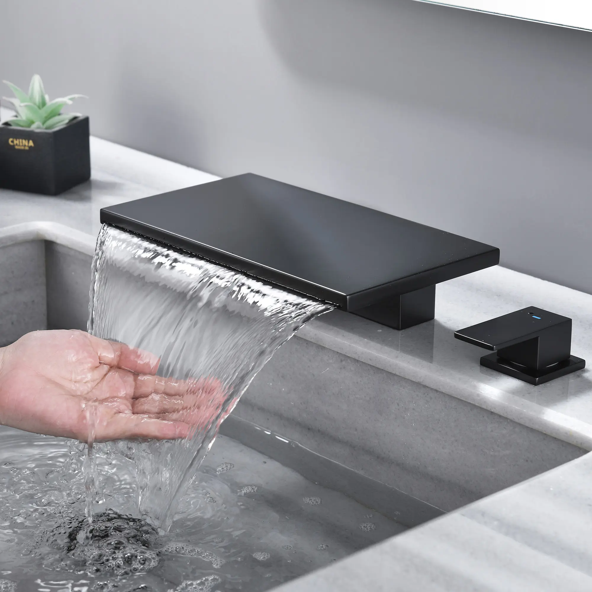 8-in 2-Handle 3-Hole Waterfall Lavatory Faucet with Supply Lines - Solid Brass Countertop Flow Control Bathroom Sink Tap for Vanities, Bathroom Cabinets (Matte Black, Brushed Gold, Brushed Nickel Finishes)