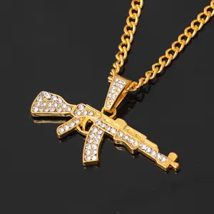 Supply Punk Hip Hop Full Diamond Machine Gun Necklace Personalized Creative Submachine Gun Pendant Ornaments Factory Wholesale chain charm necklace