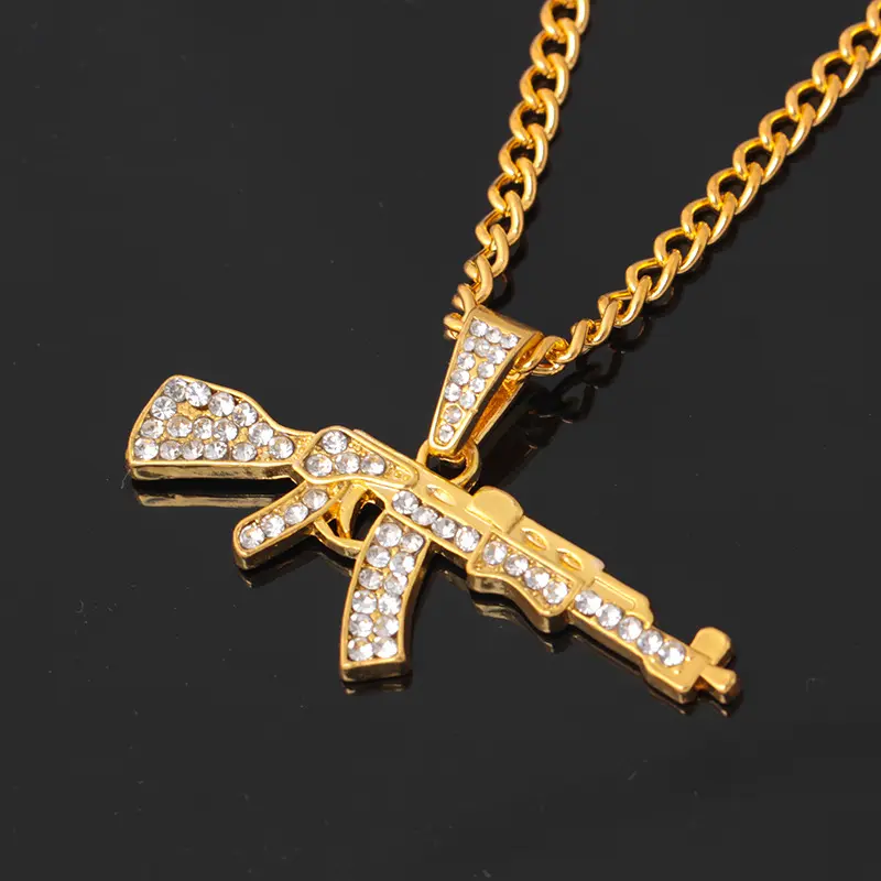 Supply Punk Hip Hop Full Diamond Machine Gun Necklace Personalized Creative Submachine Gun Pendant Ornaments Factory Wholesale chain charm necklace