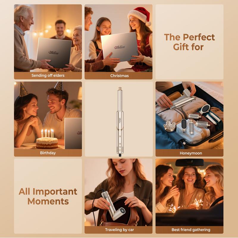 UKLISS FusionAir DIY HairStyler Champagne Gold 90-Day Free Trial & Refund 2 Year Warranty 110000RPM HairCurler + HairStraightener + HairDryer + HotAirBrush + LowTemperatureHairCare + NegativeIons + BlowoutBoost + HairDiffuser + Fluffier