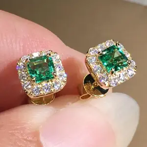 Brilliant Emerald Green Square Zircon Vintage Simple Basic Stud Earrings
