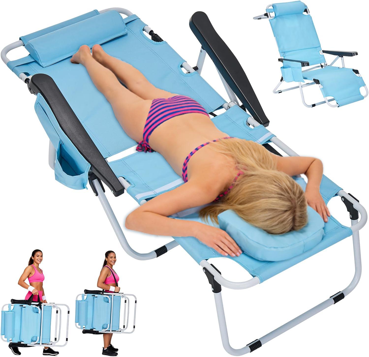 DoCred Deluxe 3N1 Tanning Chair with Face Hole, Heavy Duty 5-Position Adjustable Beach Chair with Mattress, Oversized Po