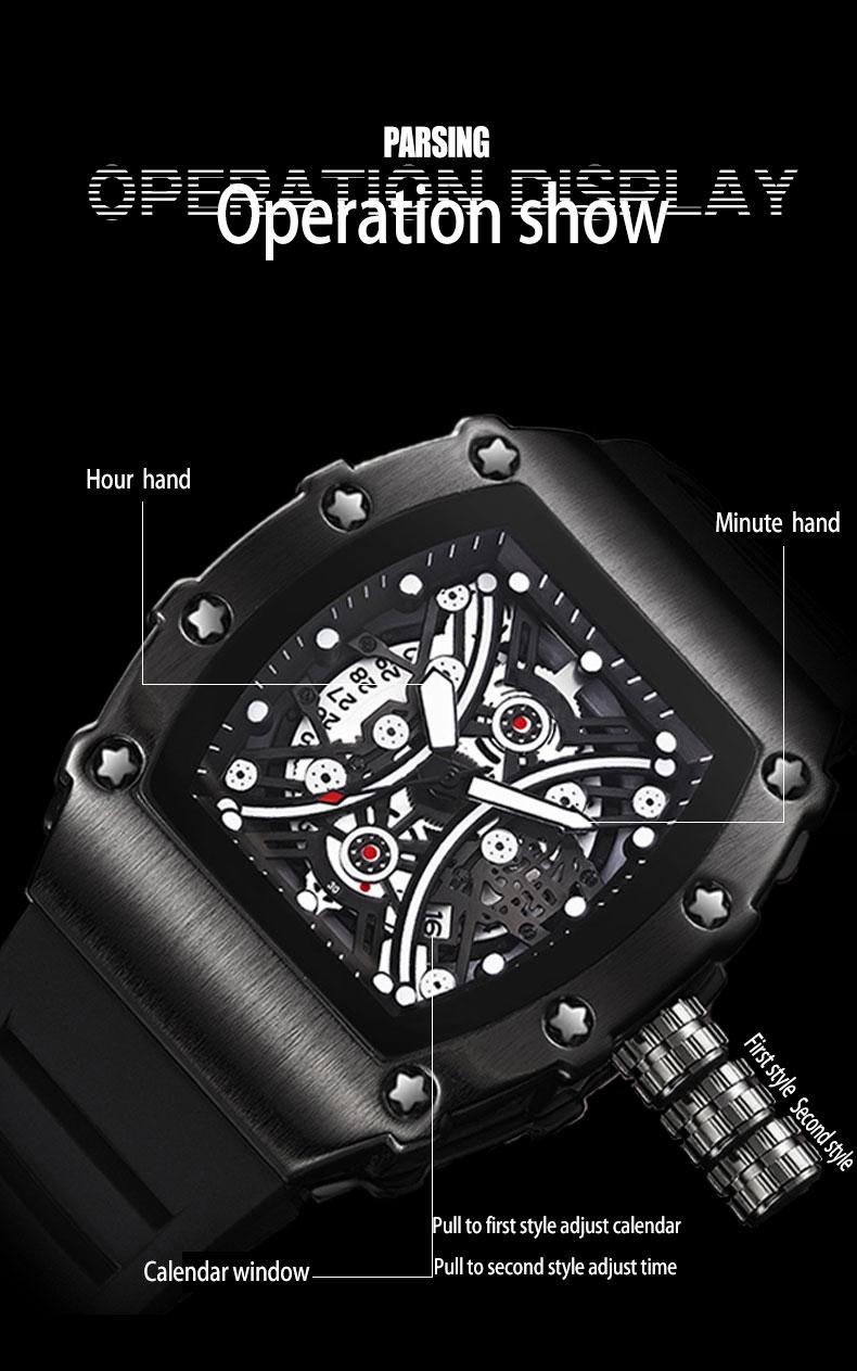 Men's Red Carbon Fiber Skeleton Tonneau Watch, Black Silicone Band, Sporty Quartz Wristwatch
