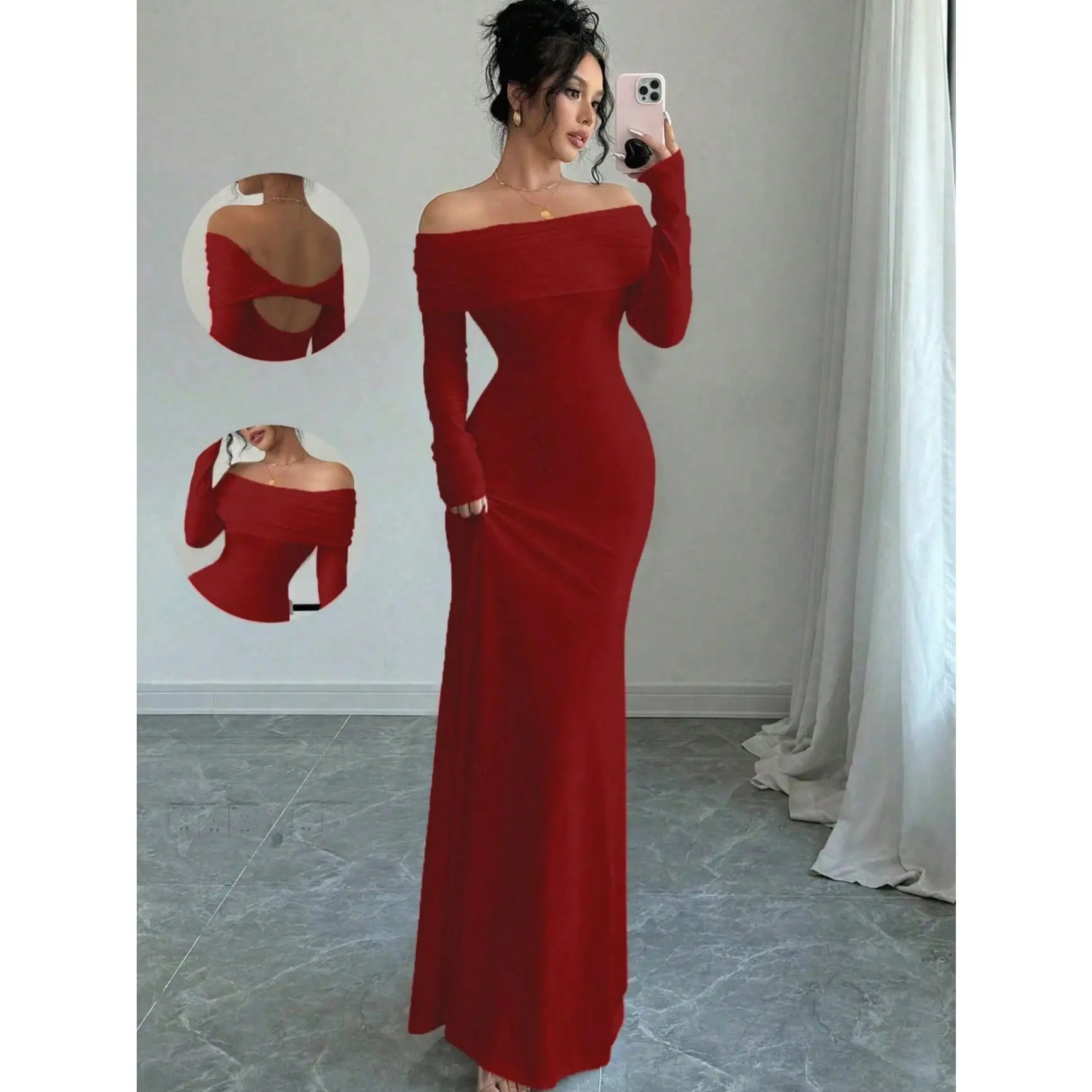 velvet dress wine Retro Stage Burgundy Velvet Off-Shoulder Midi Dress