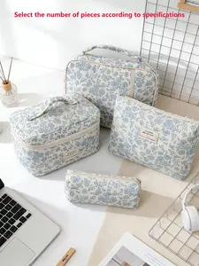 Blue floral quilted cosmetic bag set, cosmetic storage bag, Makeup Organizer, multi-size travel toiletry bag for women, 4 styles available